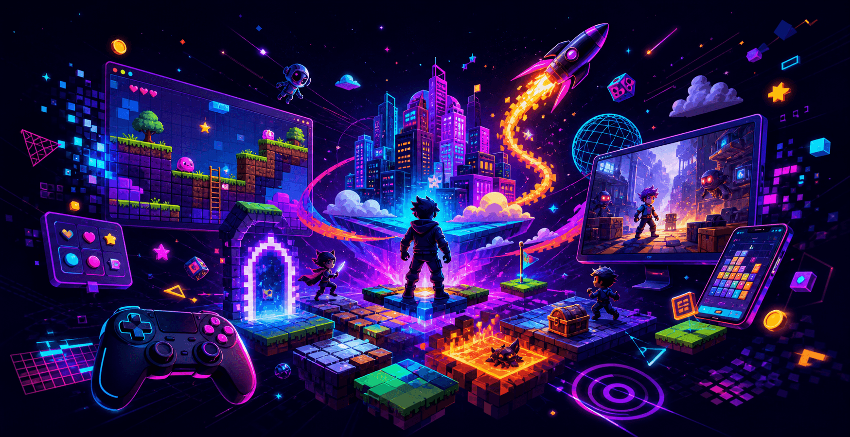 A colorful maximalist game world with 2D platforms, neon 3D shapes, portals, and launch effects